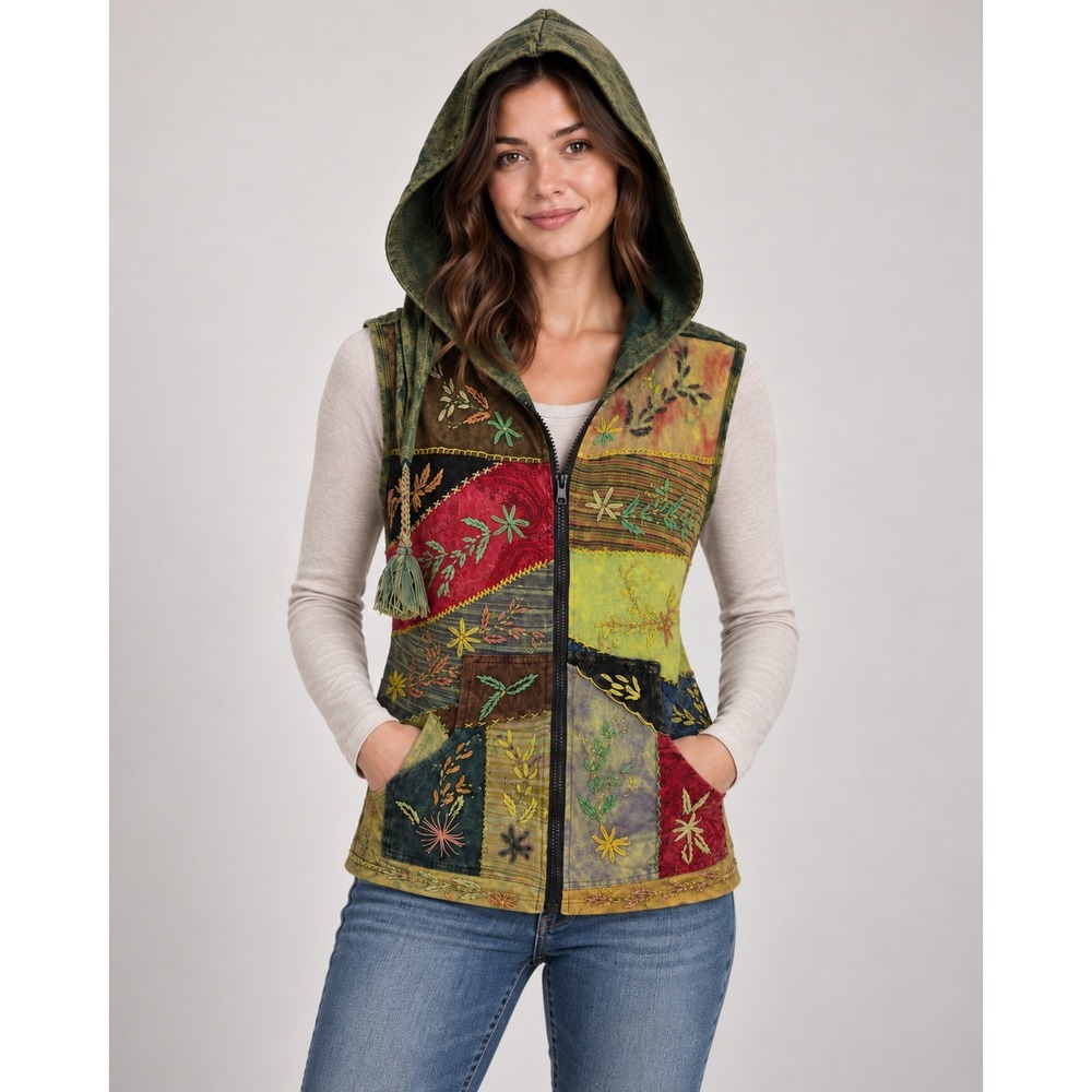 Boho Patchwork Embroidered Pixie Hooded Vest Multicolor L Fairycore Psytrance